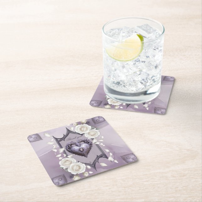 Floral frame with a heart and white roses square paper coaster (Insitu)