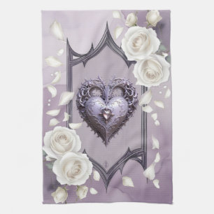 Floral frame with a heart and white roses tea towel