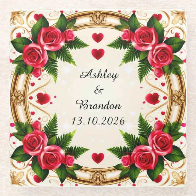 Floral Frame with Pink Roses Glass Coaster (Front)
