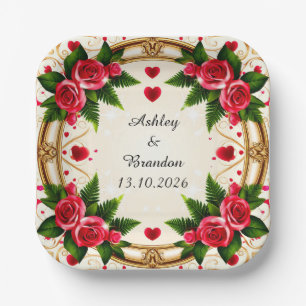 Floral Frame with Pink Roses Paper Plate