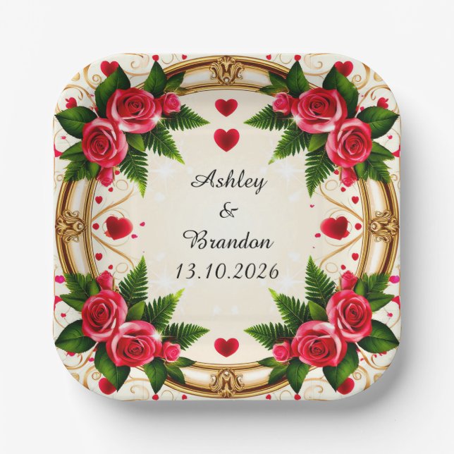 Floral Frame with Pink Roses Paper Plate (Front)