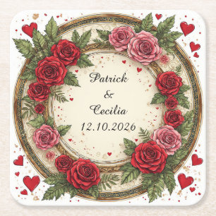 Floral Frame with Red and Pink Roses Square Paper Coaster