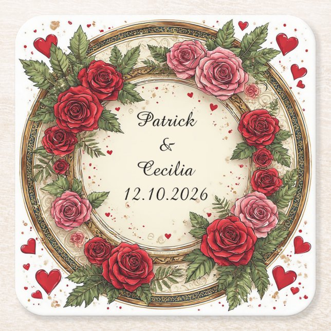 Floral Frame with Red and Pink Roses Square Paper Coaster (Front)