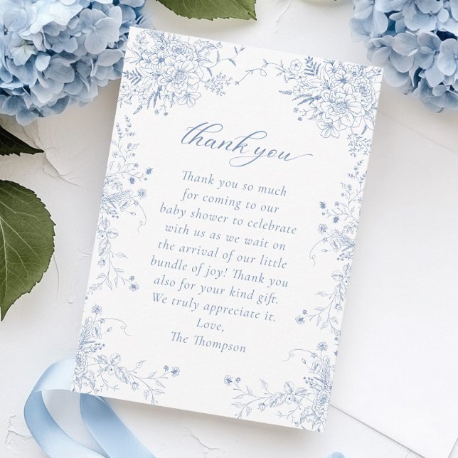 Floral French Blue Baby Shower Thank You Card (Creator Uploaded)
