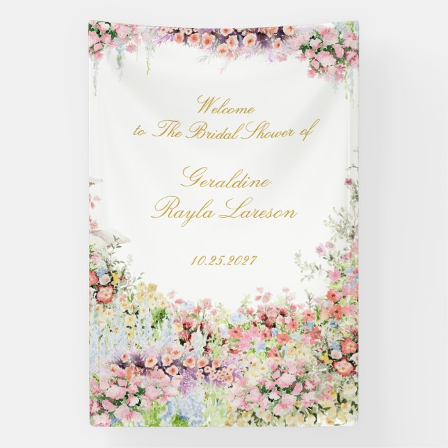 floral french garden chateau bridal shower welcome banner (Vertical)