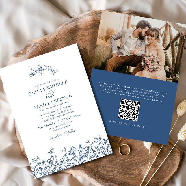 Floral French Photo QR Code Navy Blue Wedding Invitation (Creator Uploaded)
