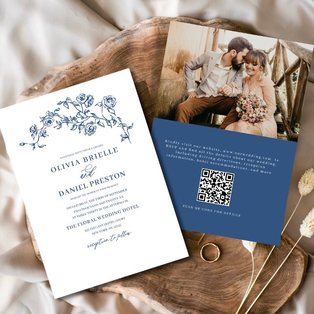 Floral French Photo QR Code Navy Blue Wedding Invitation (Creator Uploaded)