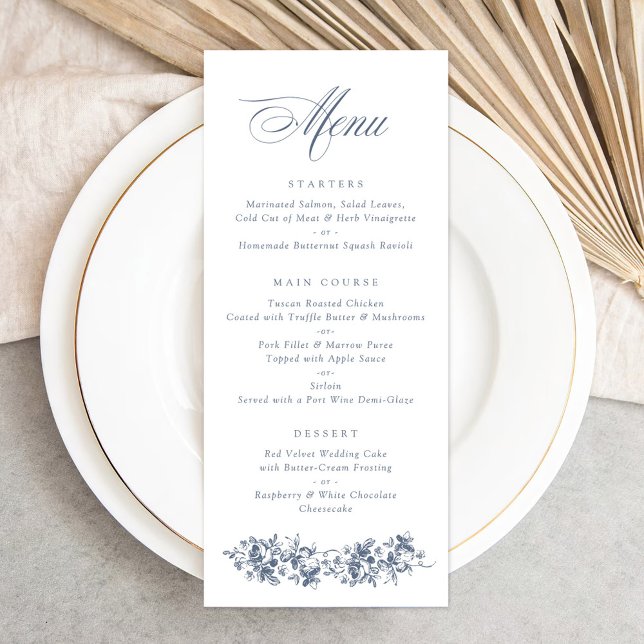 Floral French Roses Dusty Blue Wedding Menu (Creator Uploaded)