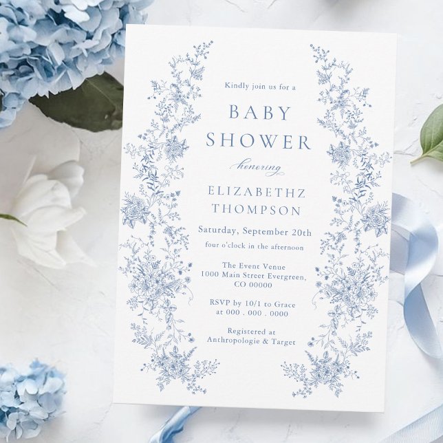 Floral French Toile Blue Baby Shower  Invitation (Creator Uploaded)