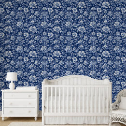 Floral French Toile Indigo Blue Vintage Tradition Wallpaper