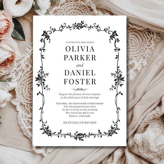 Floral French Victorian Black White Wedding  Invitation (Creator Uploaded)