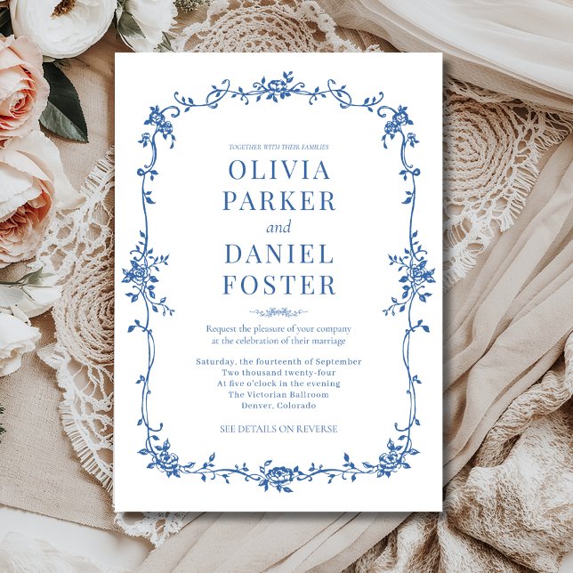 Floral French Victorian Royal Blue Wedding  Invitation (Creator Uploaded)