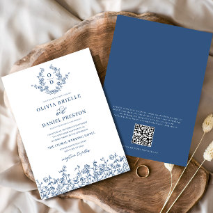 Floral French Vintage QR Code Navy Blue Wedding Invitation