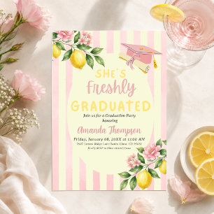 Floral Freshly Graduated Lemon Stripe Graduation Invitation