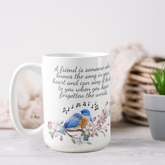 Floral Friendship Coffee Mug (A pretty floral mug decorated with birds and flowers and a quote about friendship.)