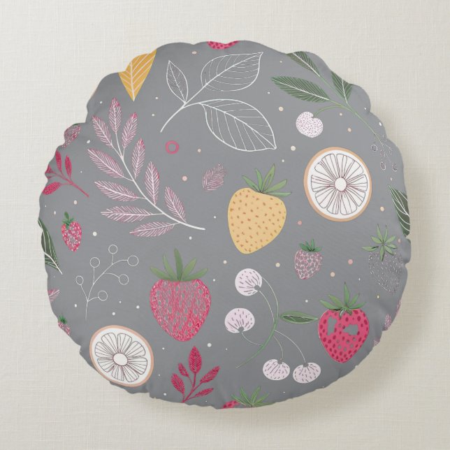 “Floral Fruit Pattern Decorative Round Pillow” Cushion (Front)