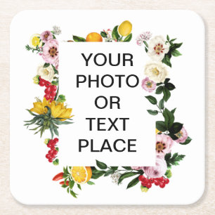 Floral fruity customizable Mediterranean frame Coa Square Paper Coaster
