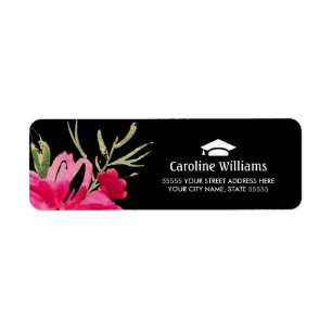 Floral Fuchsia Black Graduation Address Labels