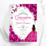 Floral Fuchsia Pink Silver Quinceanera Invitation<br><div class="desc">Fuchsia pink silver and white floral Quinceanera celebration invitation. Features brunette girl in ball gown dress,  script font,  silver butterflies,  watercolor roses and tiara. Perfect for an elegant princess style glam celebration. Personalize with your own details. Printed Zazzle invitations or instant download digital printable template.</div>