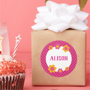 Floral fuchsia plaid girl name classic round sticker