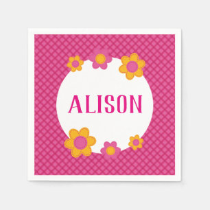 Floral fuchsia plaid girl name daisies napkin