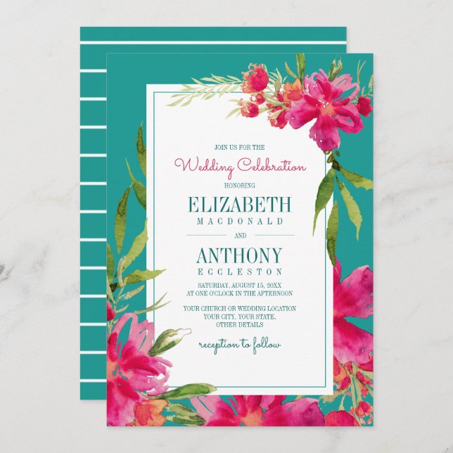 Floral Fuchsia | Turquoise Watercolor Wedding Invitation (Front/Back)