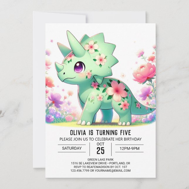 Floral Fun Dinosaur Digital Birthday  Invitation (Front)