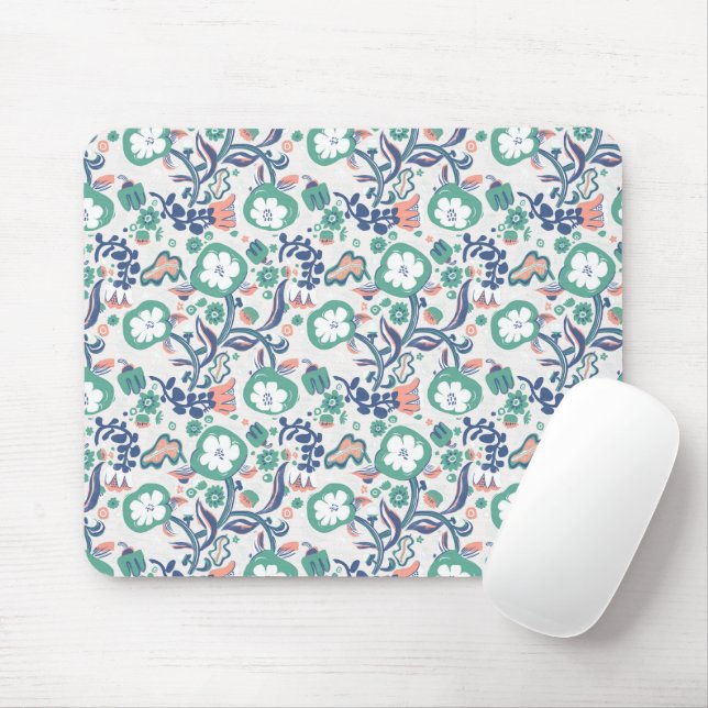 Floral Fun Print On White Mouse Pad (With Mouse)