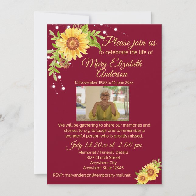 Floral Funeral Celebration of Life Photo Burgundy Invitation (Front)