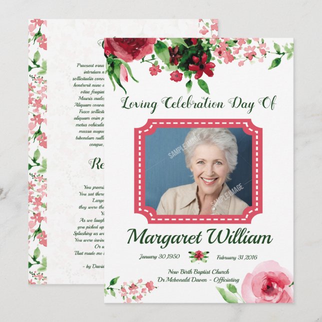 Floral Funeral Program Card Template  (Front/Back)