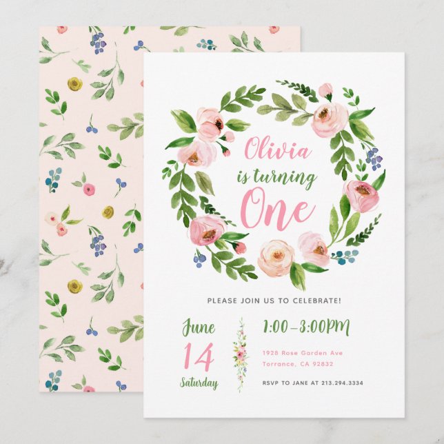 Floral Garden 1st Birthday Invitation | Peony Girl (Front/Back)