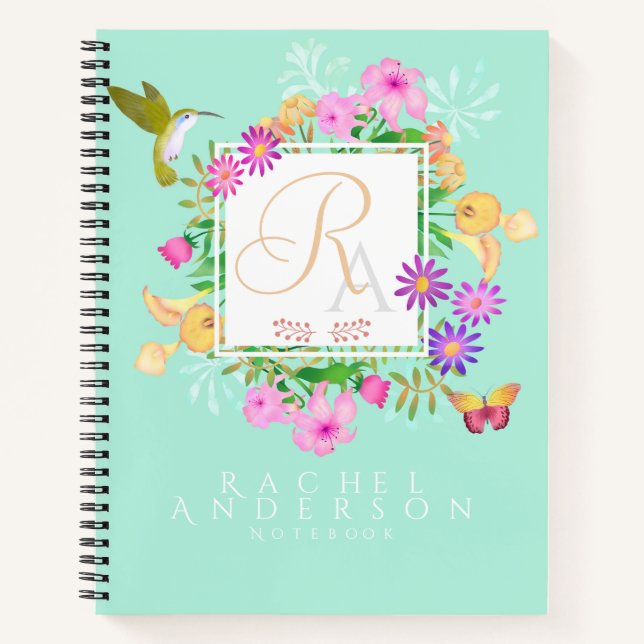 Floral Garden Aqua Monogram  Notebook (Front)