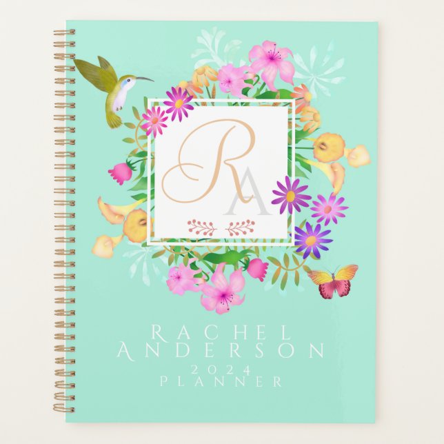 Floral Garden Aqua Monogram Planner (Front)