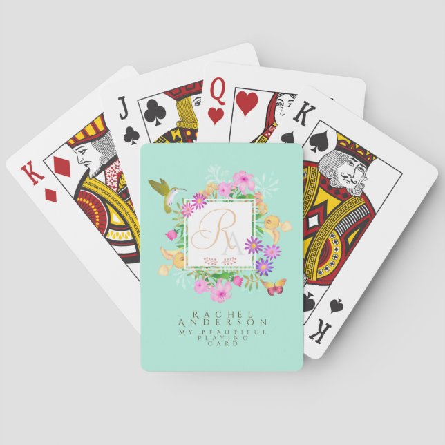 Floral Garden Aqua Monogram  Playing Cards (Back)