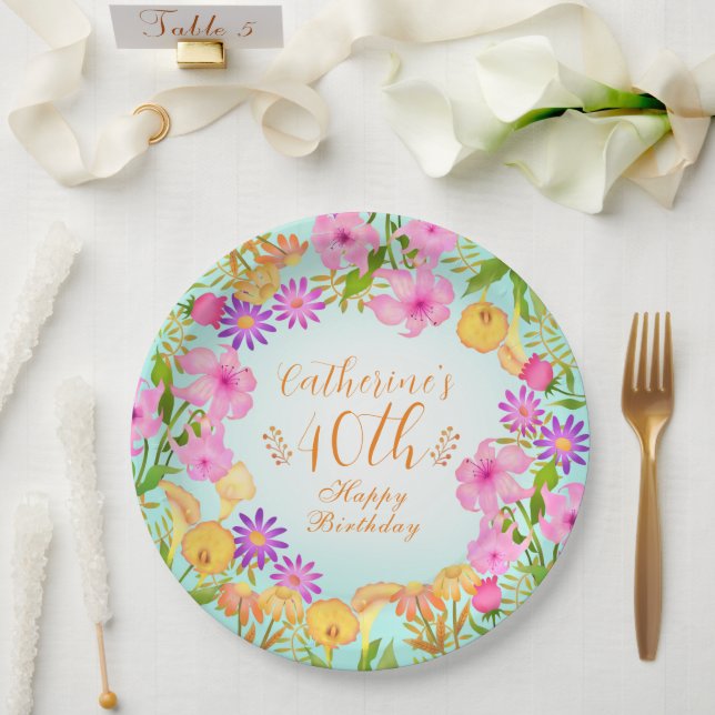 Floral Garden Aqua Paper Plate (Wedding)