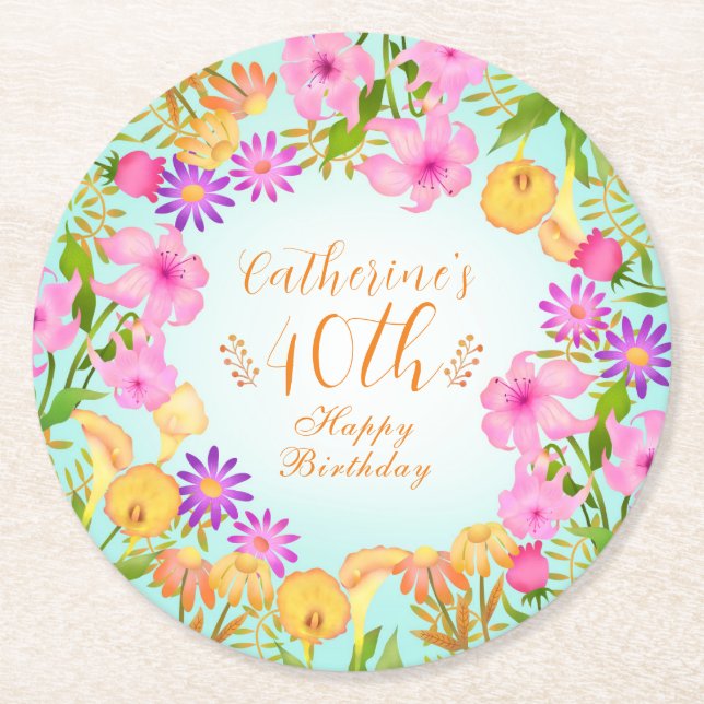 Floral Garden Aqua Round Paper Coaster (Front)