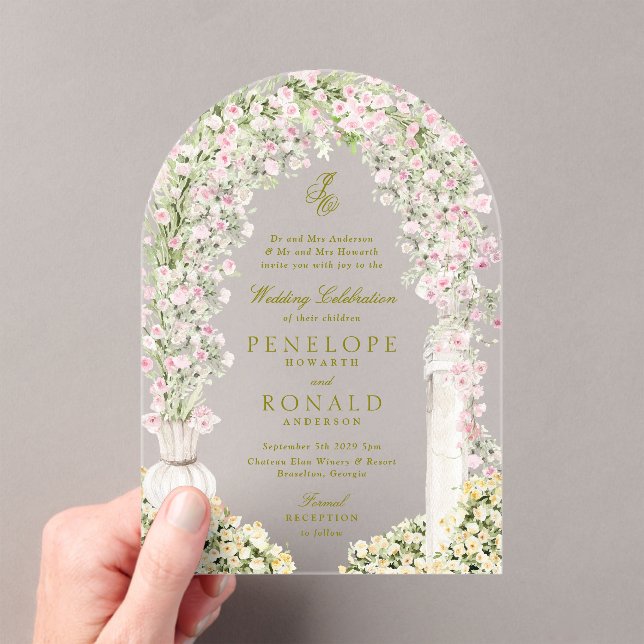 floral garden arch monogram wedding acrylic invitations (Insitu (Handheld))