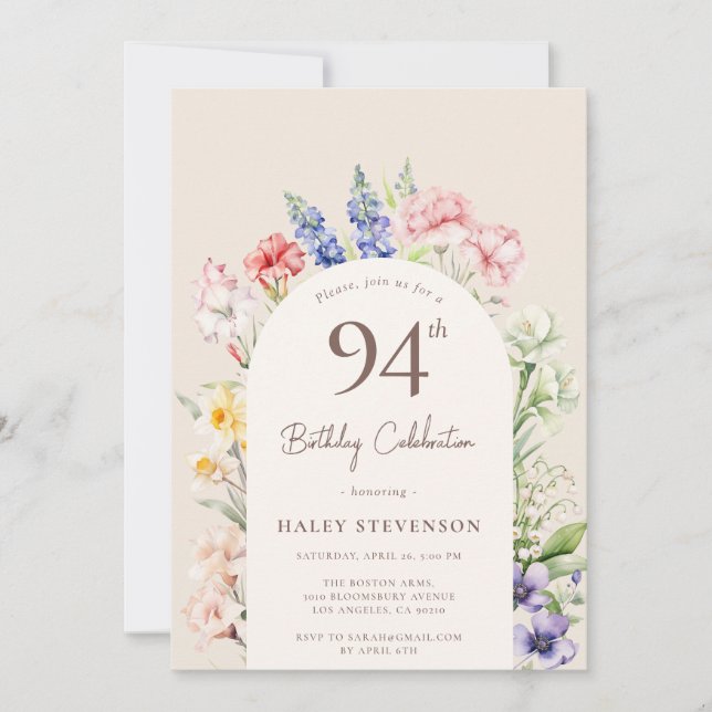 Floral Garden Arch Whimsical Beige 94th Birthday Invitation (Front)