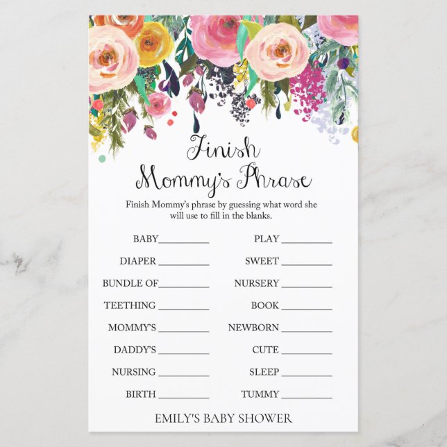 Floral Garden Baby Shower Game PRINTED (Front)
