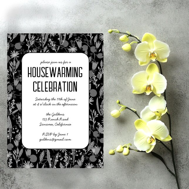 Floral Garden Black Custom HOUSEWARMING PARTY Invitation (Floral Garden Black White Simple Custom HOUSEWARMING PARTY Invitation
)