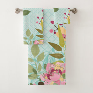 Floral Garden, Blue Background Bath Towel Set