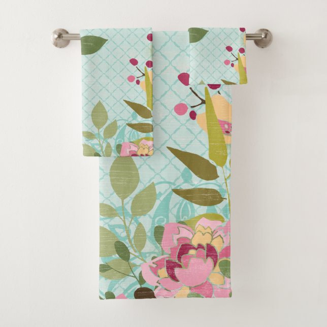 Floral Garden, Blue Background Bath Towel Set (Insitu)