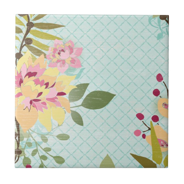 Floral Garden, Blue Background Tile (Front)