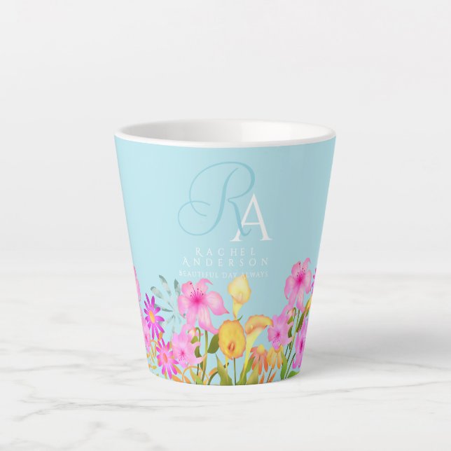 Floral Garden Blue Monogram Latte Mug (Front)