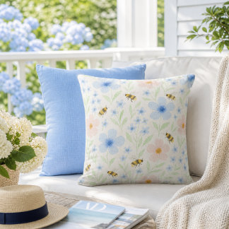Floral Garden Blue Pink Flowers with Bees Cushion