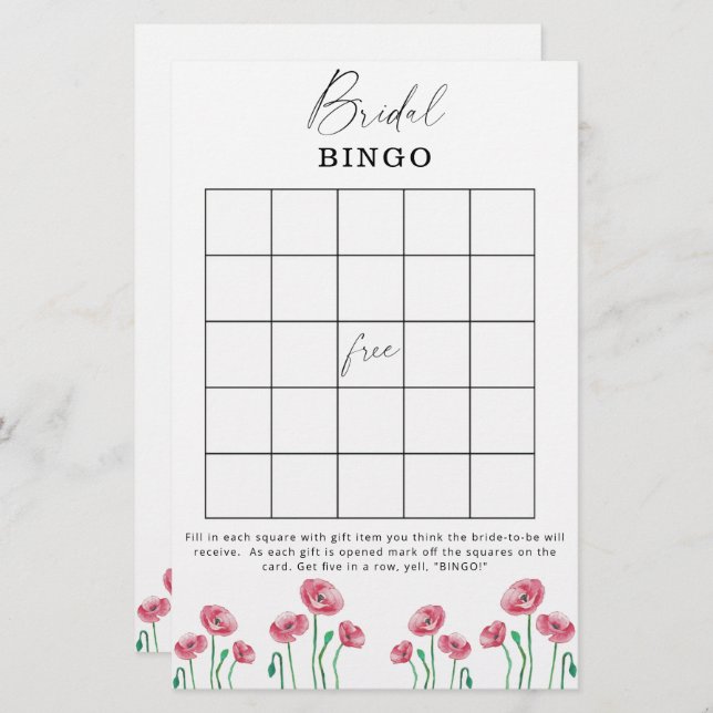 Floral garden bridal shower bingo game (Front/Back)