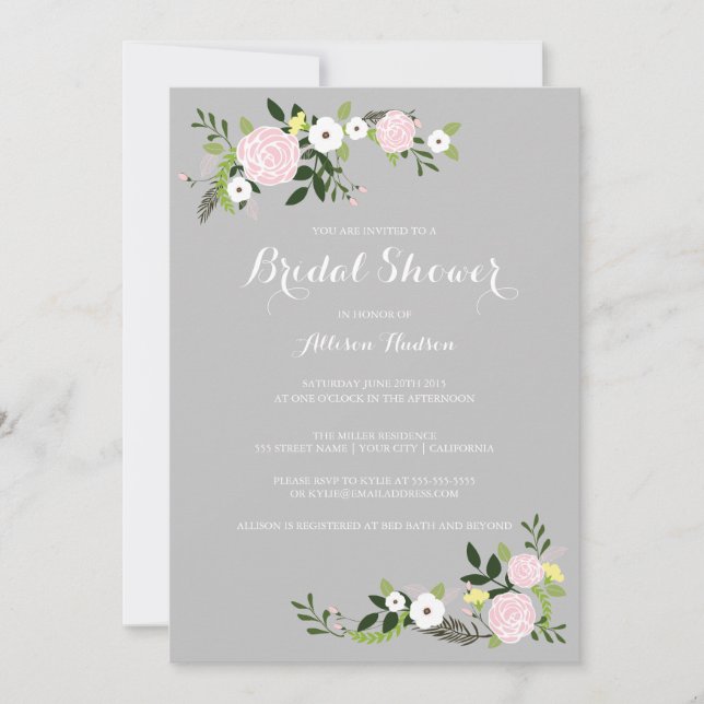 Floral Garden Bridal Shower Invitation -grey (Front)