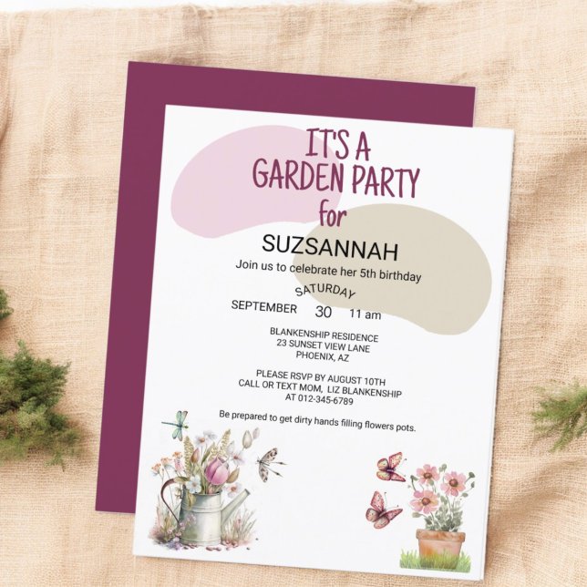 Floral Garden Butterflies Dragonflies Watercolor  Invitation (front and back garden party invitation template)
