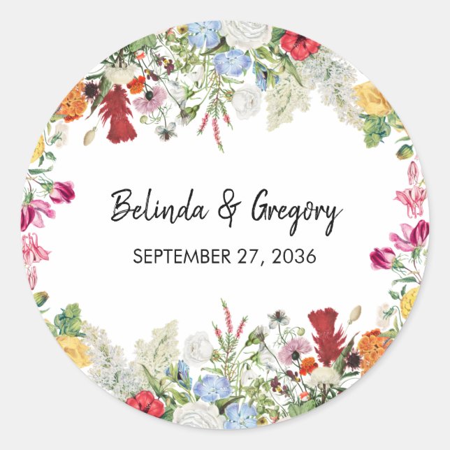 Floral Garden Colourful Flowers Wedding Classic Round Sticker (Front)