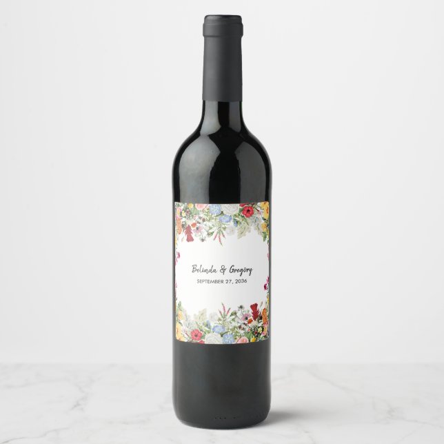 Floral Garden Colourful Flowers Wedding Wine Label (Front)